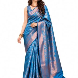 Womens Premium Kanjivaram Banarasi Soft Silk Saree with Luxurious Zari Woven Motifs and Heavy Border | Designer Traditional Festive, Wedding and Bridal Party | With Blouse Material