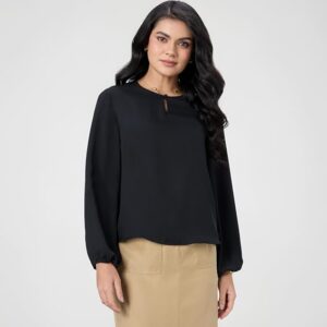 Symbol Premium Women's Polyester Regular Fit Blouse | Bishop Sleeve with Keyhole Neckline | Desk-to-Dinner